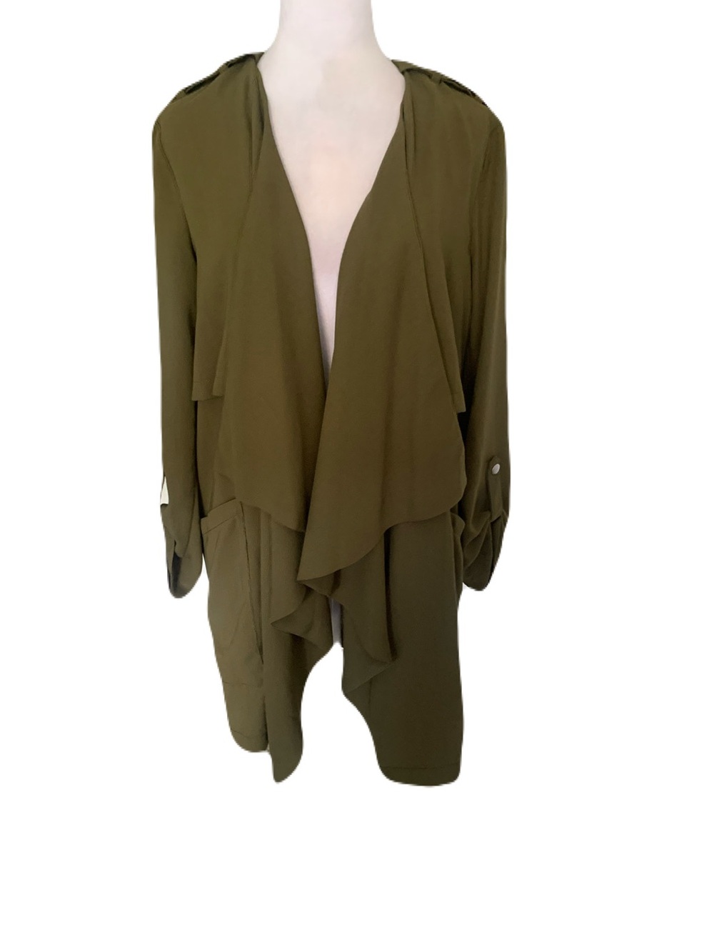 Peppermayo Women’s 8 Olive Green Draped Open Front Lightweight Blazer Jacket